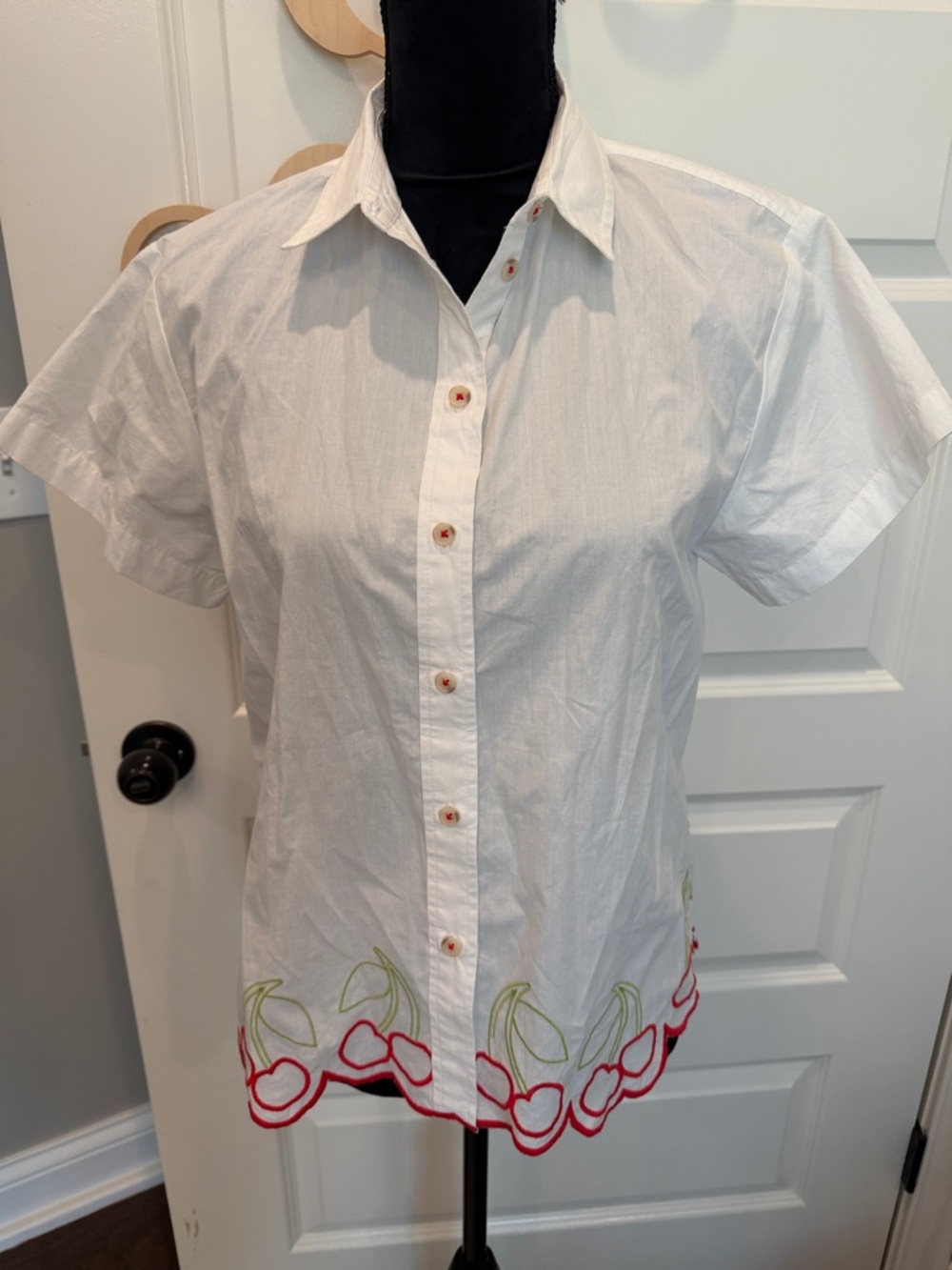Maeve White Button-Up Blouse with Red Cherry Embroidery